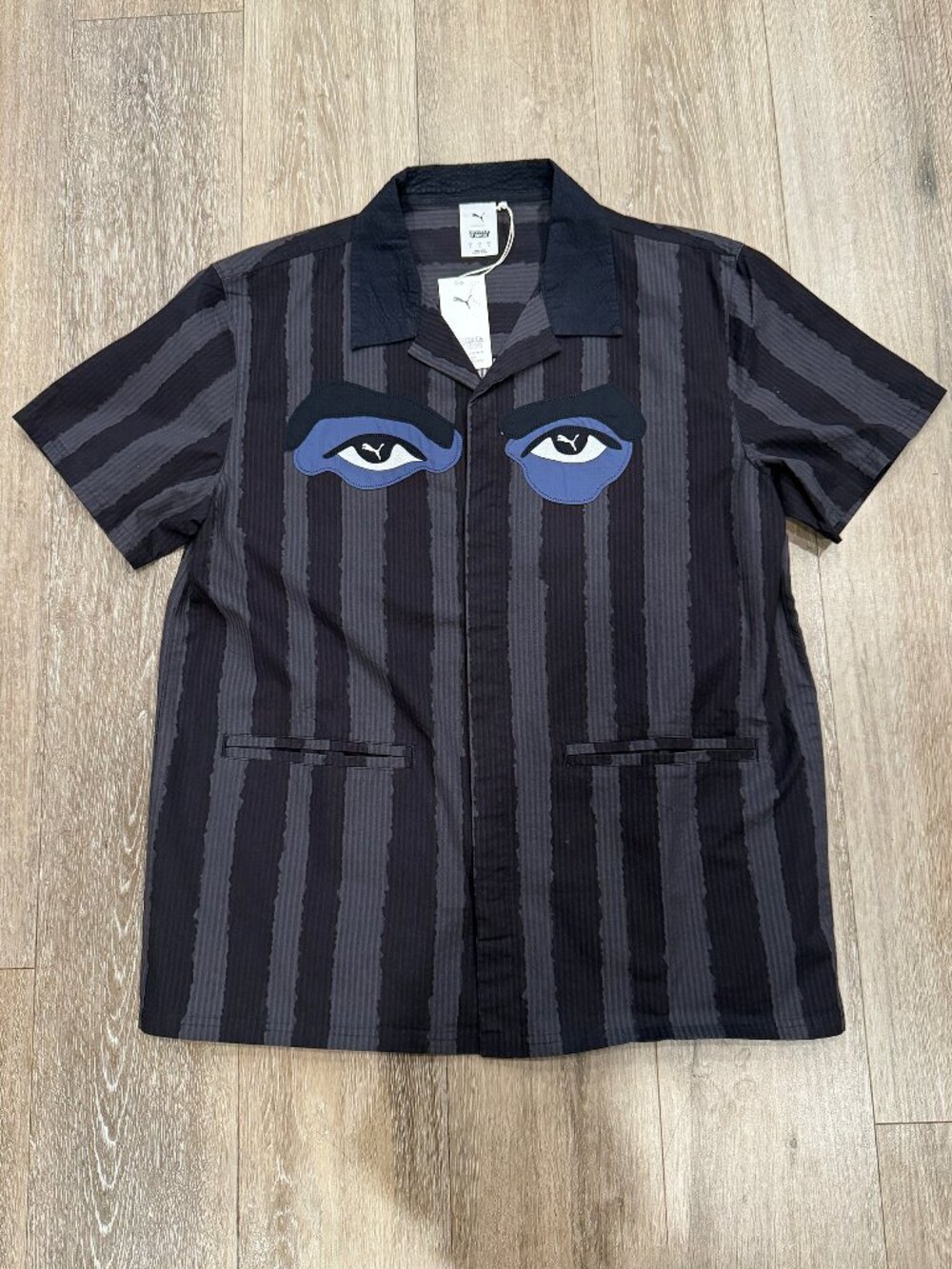 NEW PUMA x KidSuper Studios Face Seersucker Stripe Camp Shirt - Size L